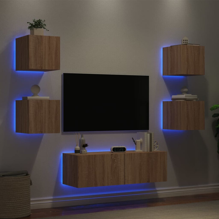 vidaXL 5-delige Tv-wandmeubelset met LED-verlichting sonoma eikenkleur afbeelding 1