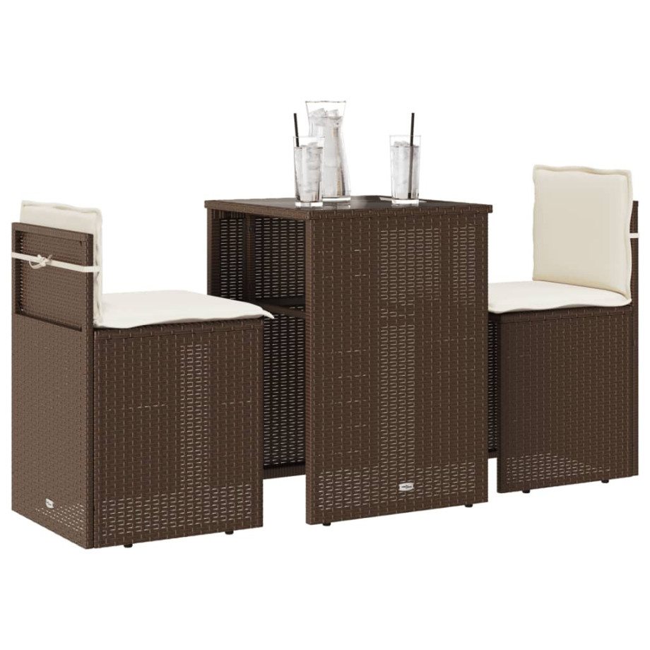 vidaXL 3-delige Bistroset met kussens poly rattan bruin afbeelding 1