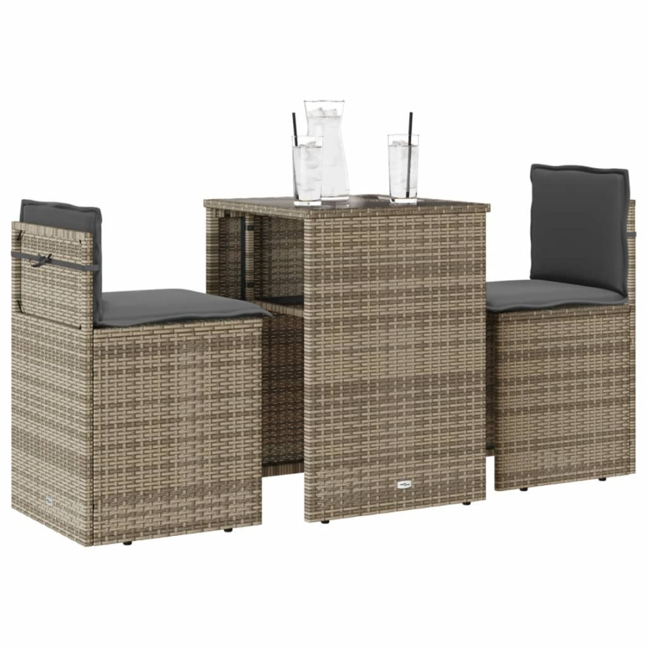 vidaXL 3-delige Bistroset met kussens poly rattan beige afbeelding 1