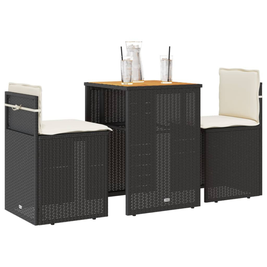 vidaXL 3-delige Bistroset met kussens poly rattan zwart afbeelding 1