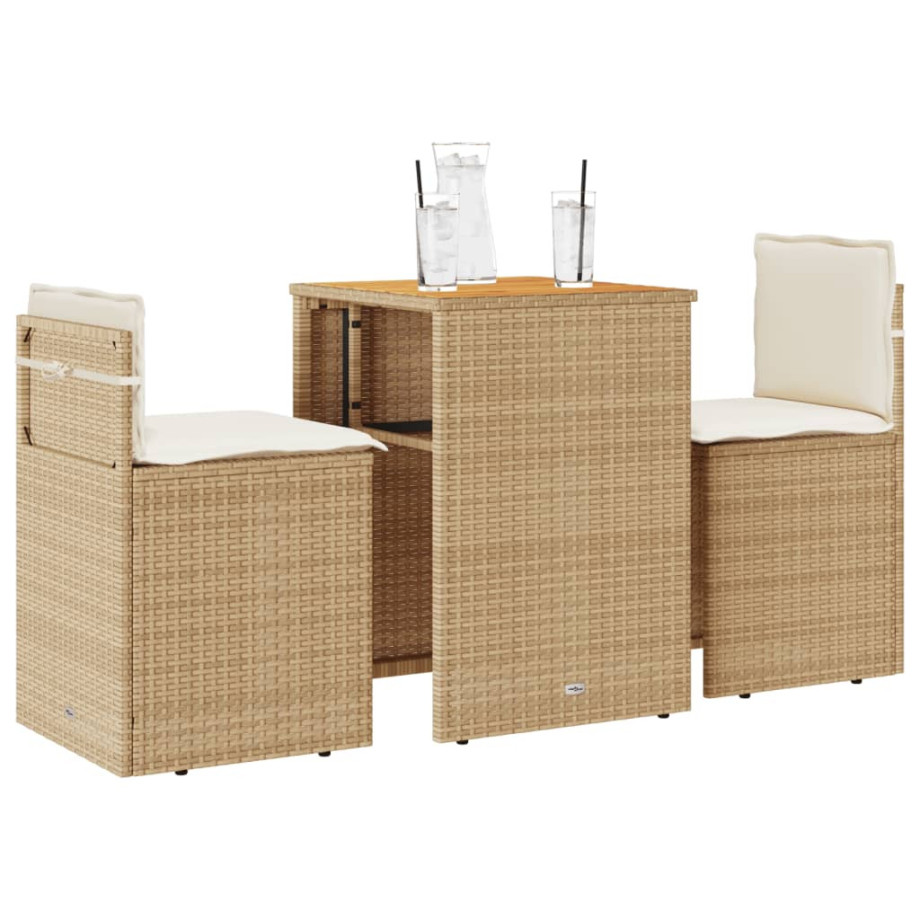 vidaXL 3-delige Bistroset met kussens poly rattan beige afbeelding 1