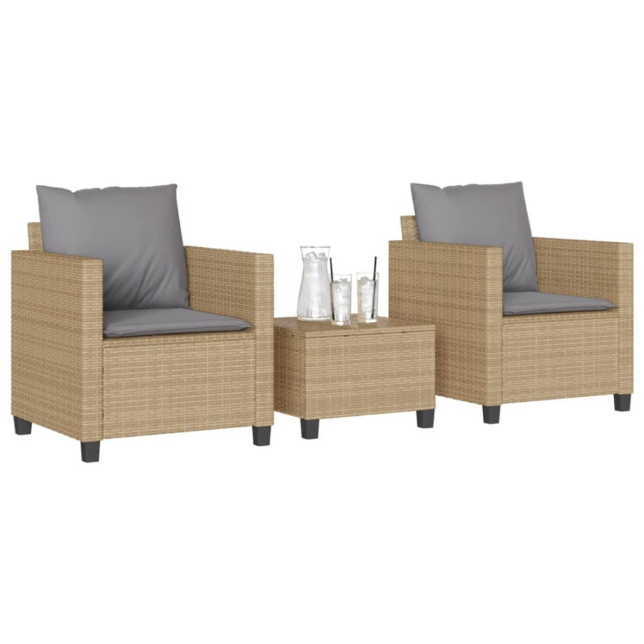 vidaXL 3-delige Bistroset met kussens poly rattan beige afbeelding 1