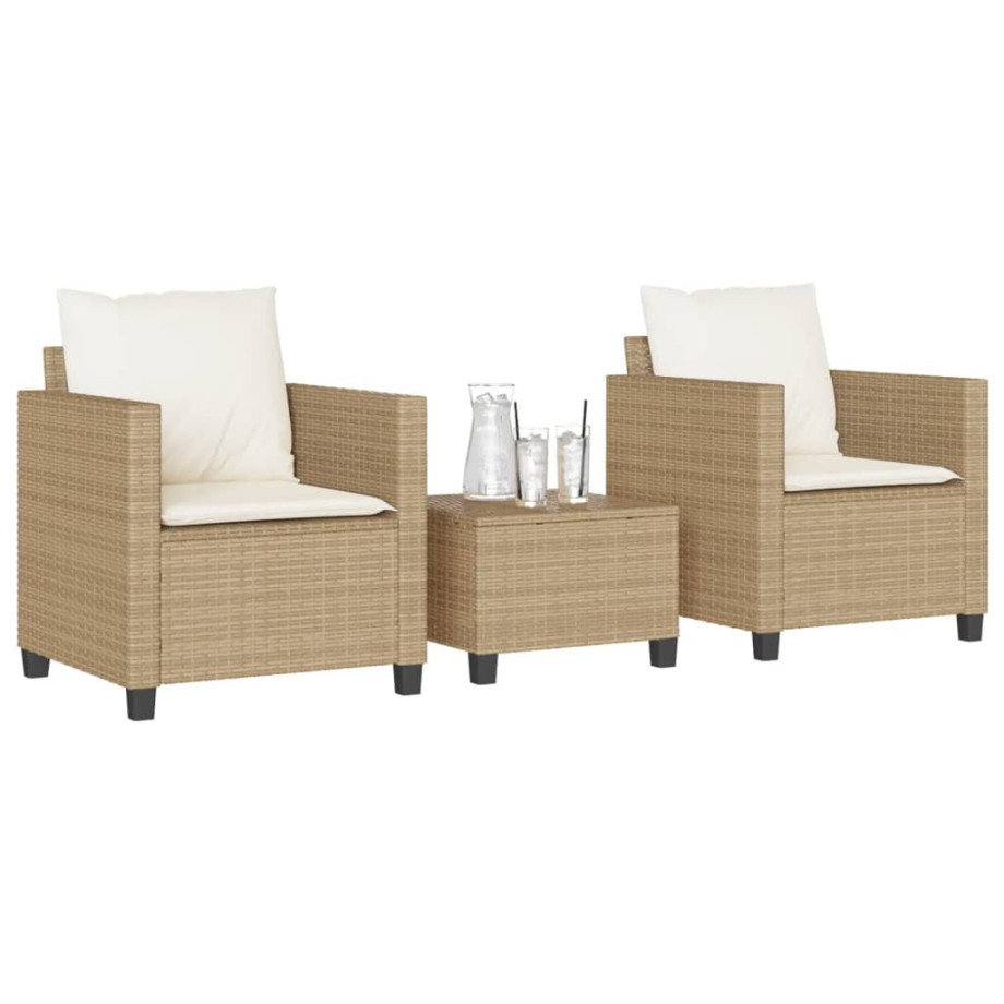 vidaXL 3-delige Bistroset met kussens poly rattan beige afbeelding 1