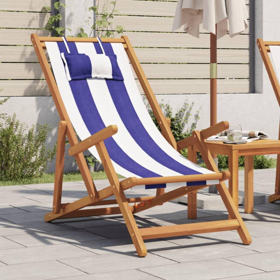 vidaXL Strandstoel inklapbaar eucalyptushout en stof blauw en wit vidaXL Strandstoel inklapbaar eucalyptushout en stof blauw en wit afbeelding 1