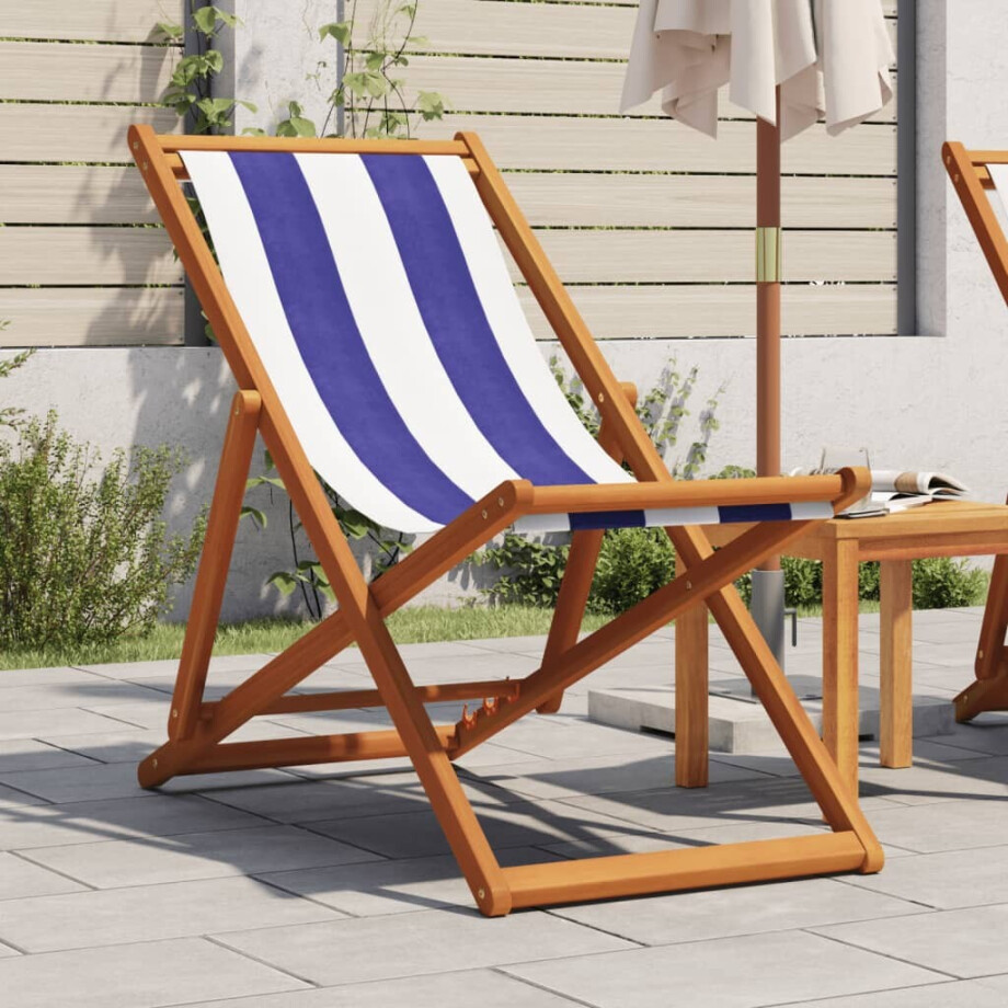 vidaXL Strandstoel inklapbaar eucalyptushout en stof blauw en wit vidaXL Strandstoel inklapbaar eucalyptushout en stof blauw en wit afbeelding 1