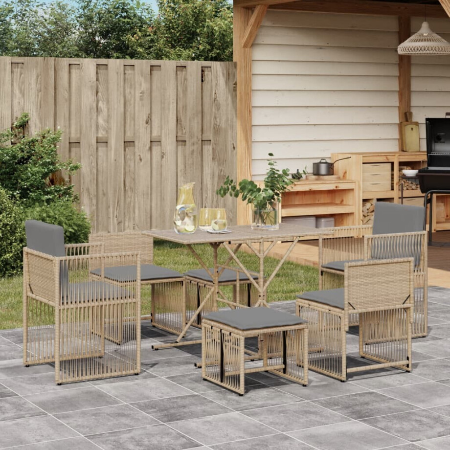vidaXL 7-delige Tuinset met kussens poly rattan beige afbeelding 1