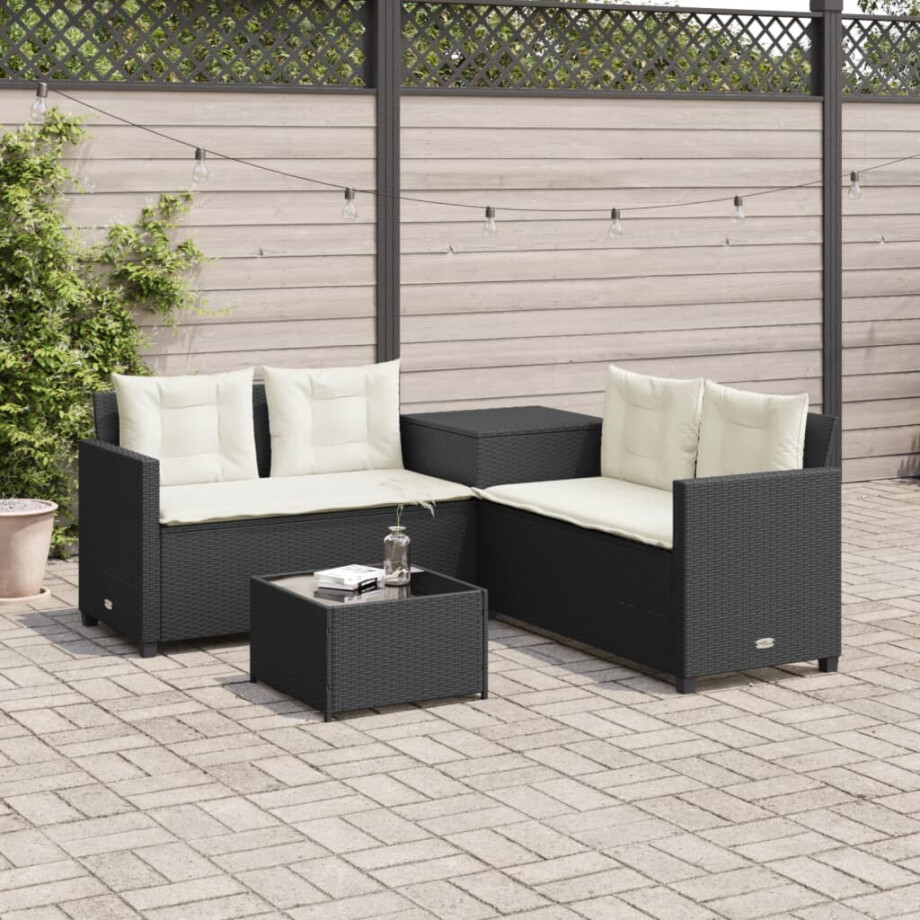 vidaXL Tuinbank met tafel en kussens L-vormig poly rattan zwart afbeelding 1