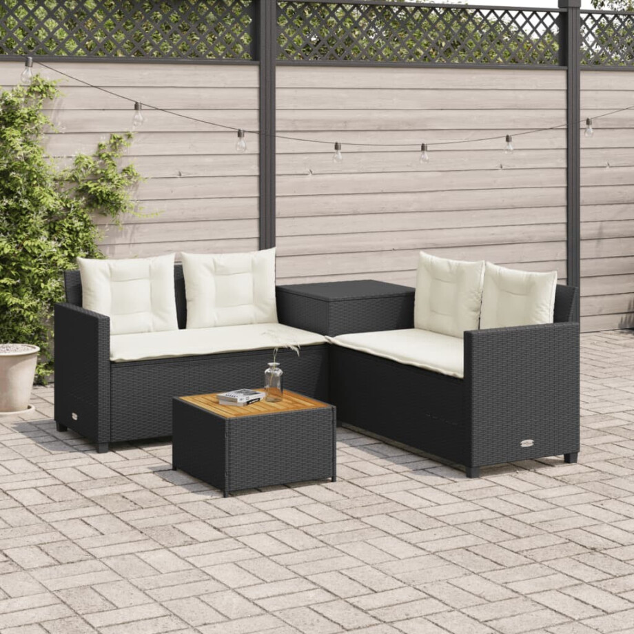 vidaXL Tuinbank met tafel en kussens L-vormig poly rattan zwart afbeelding 1