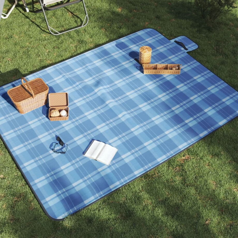 vidaXL Picknickkleed opvouwbaar geruit 200x150 cm fluweel blauw afbeelding 1
