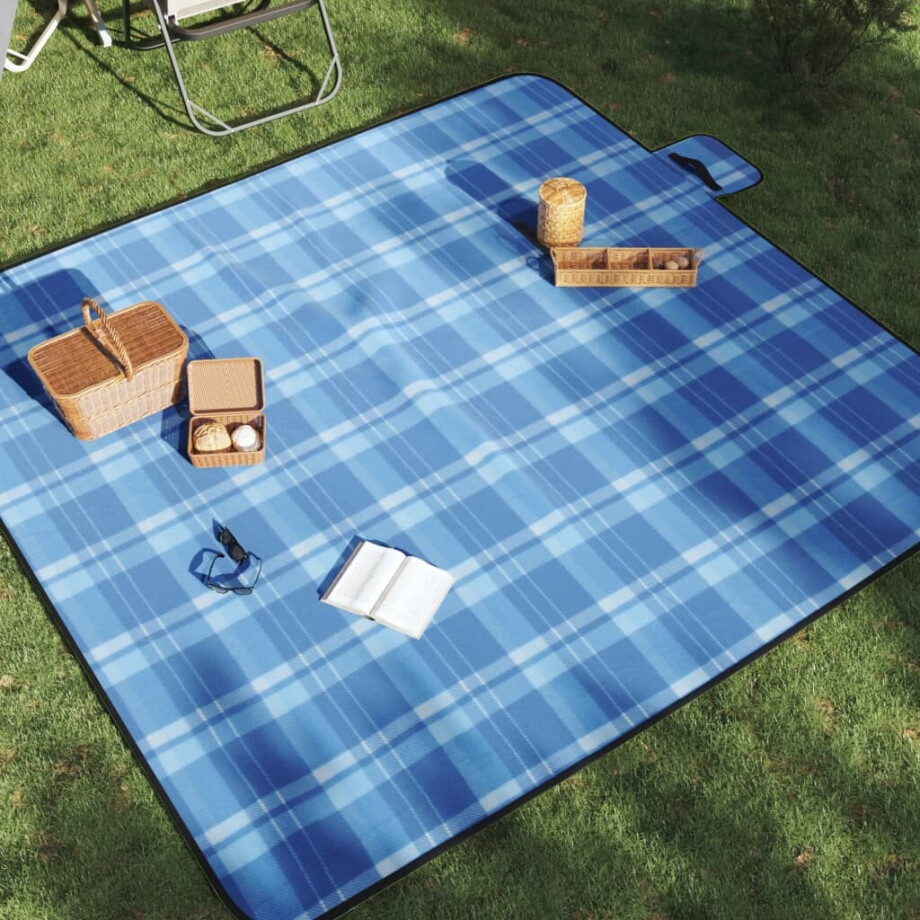 vidaXL Picknickkleed opvouwbaar geruit 200x200 cm fluweel blauw afbeelding 1