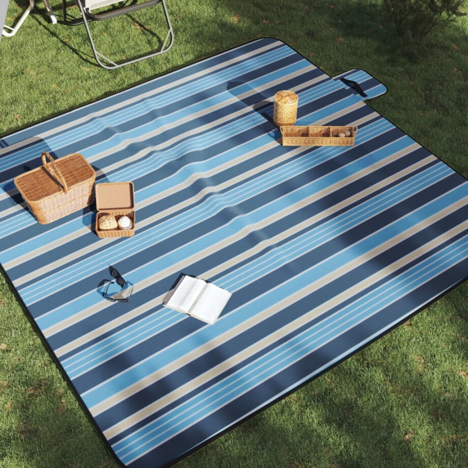 vidaXL Picknickkleed opvouwbaar gestreept 200x200 cm fluweel blauw wit afbeelding 1