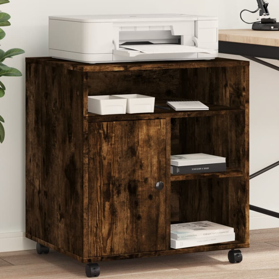 vidaXL Printerkastje met wielen 60x50x67 cm gerookt eikenkleurig afbeelding 1