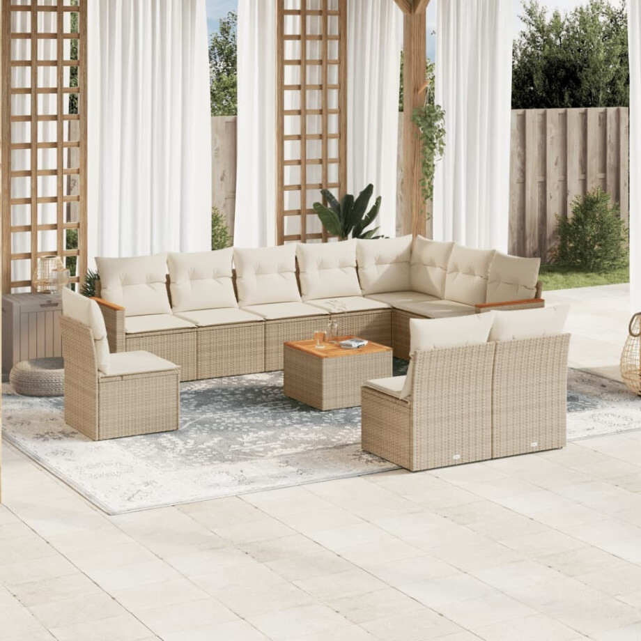 vidaXL 11-delige Tuinset met kussens poly rattan beige afbeelding 1