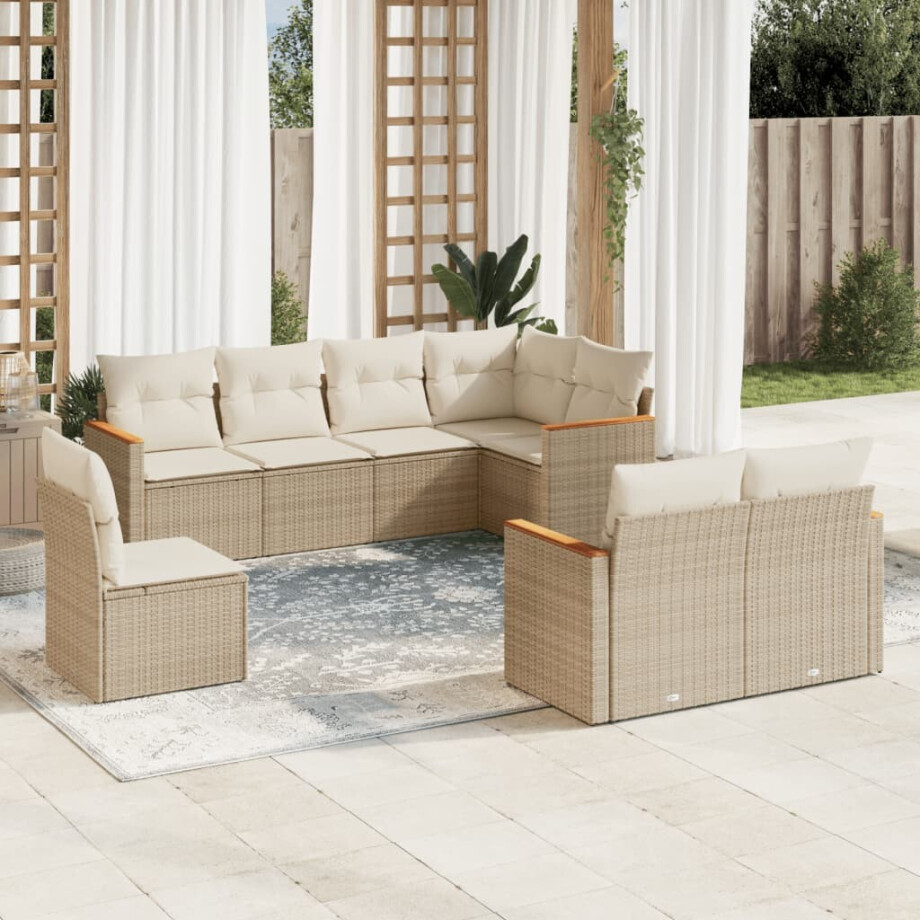 vidaXL 8-delige Loungeset met kussens poly rattan beige afbeelding 1