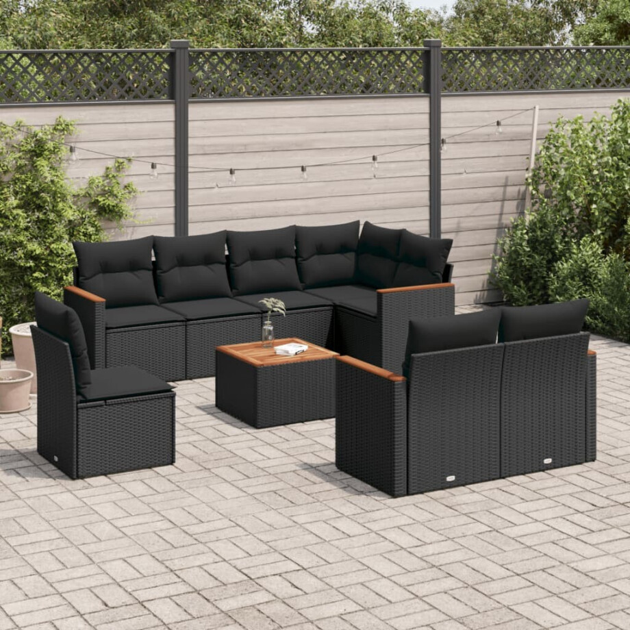 vidaXL 9-delige Loungeset met kussens poly rattan zwart afbeelding 1