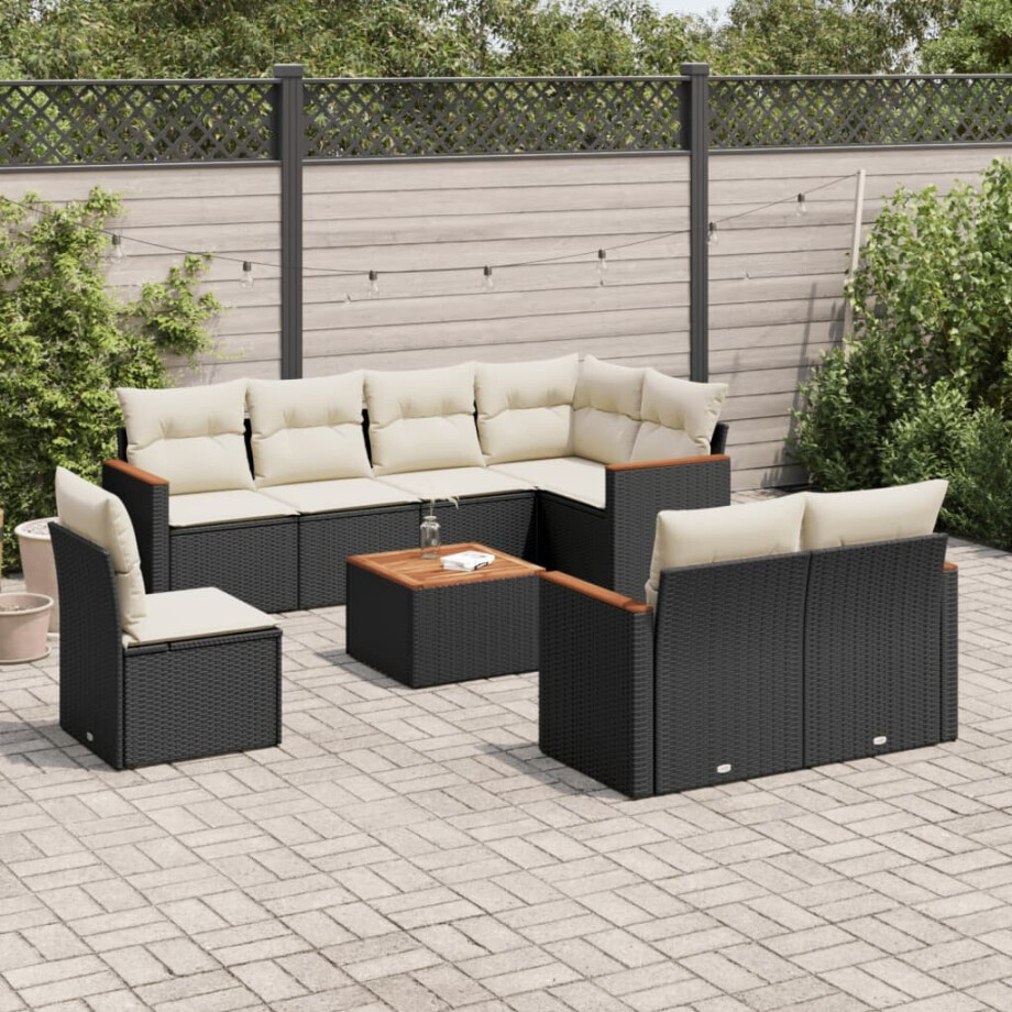 vidaXL 9-delige Loungeset met kussens poly rattan zwart afbeelding 1
