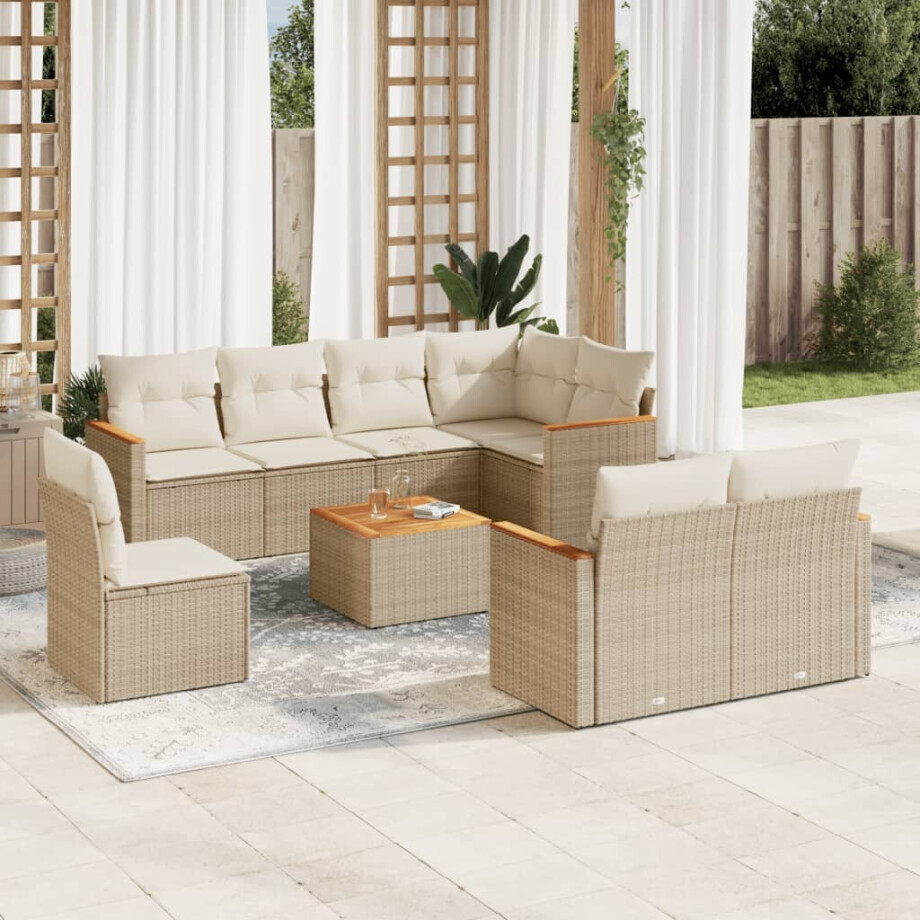 vidaXL 9-delige Loungeset met kussens poly rattan beige afbeelding 1