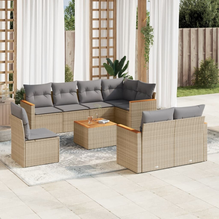 vidaXL 9-delige Loungeset met kussens poly rattan gemengd beige afbeelding 1