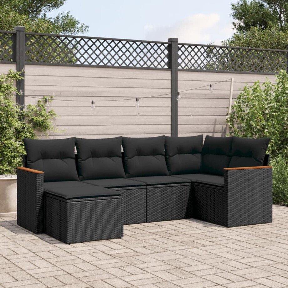 vidaXL 6-delige Loungeset met kussens poly rattan zwart afbeelding 1