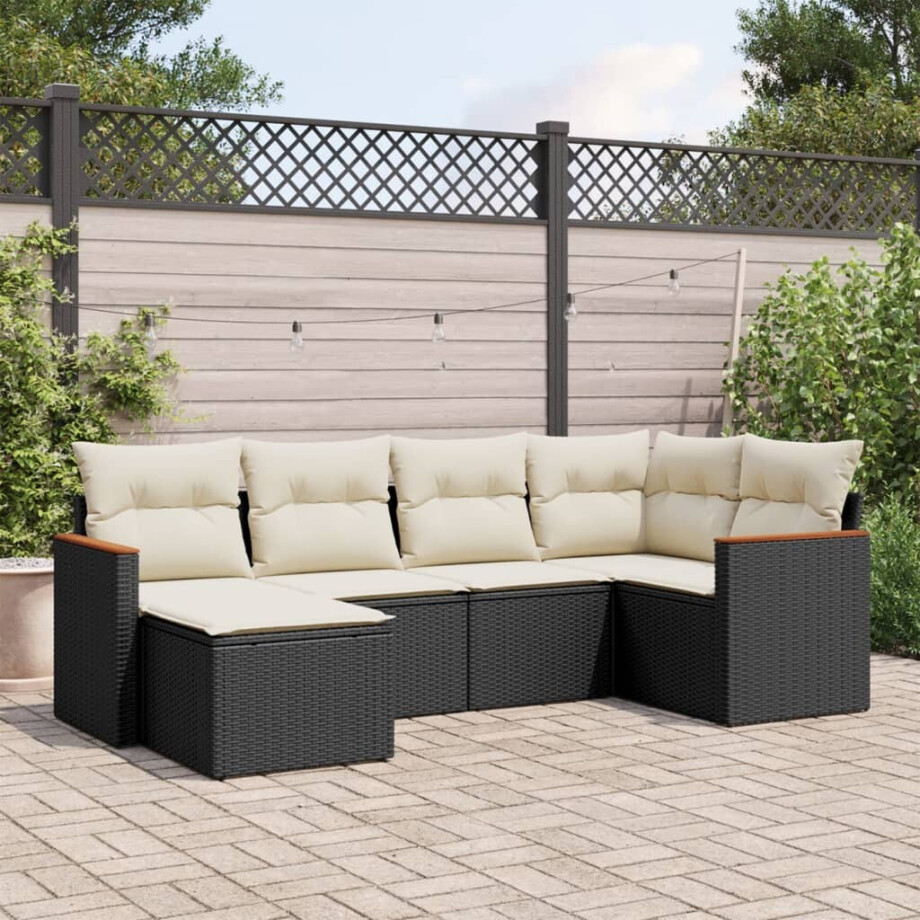 vidaXL 6-delige Loungeset met kussens poly rattan zwart afbeelding 1