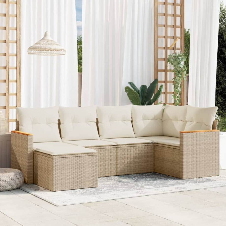 vidaXL 6-delige Loungeset met kussens poly rattan beige afbeelding 1