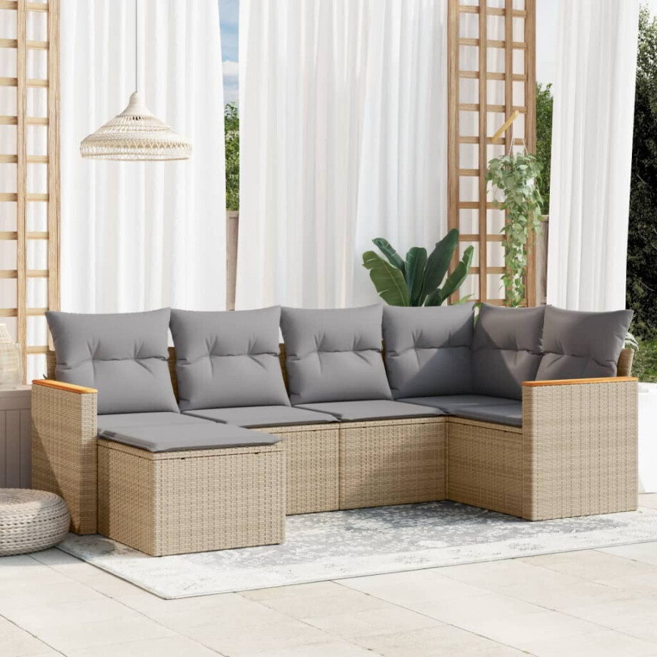 vidaXL 6-delige Loungeset met kussens poly rattan gemengd beige afbeelding 1