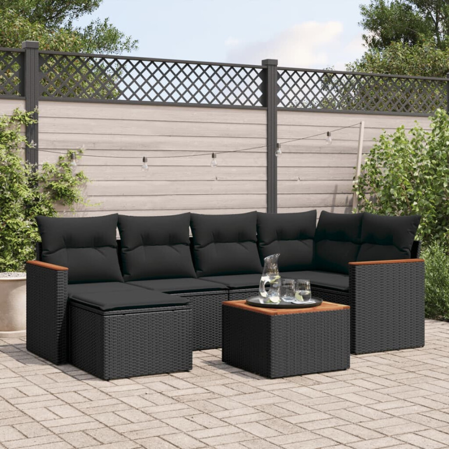vidaXL 7-delige Loungeset met kussens poly rattan zwart afbeelding 1