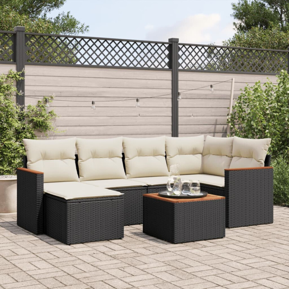 vidaXL 7-delige Loungeset met kussens poly rattan zwart afbeelding 1