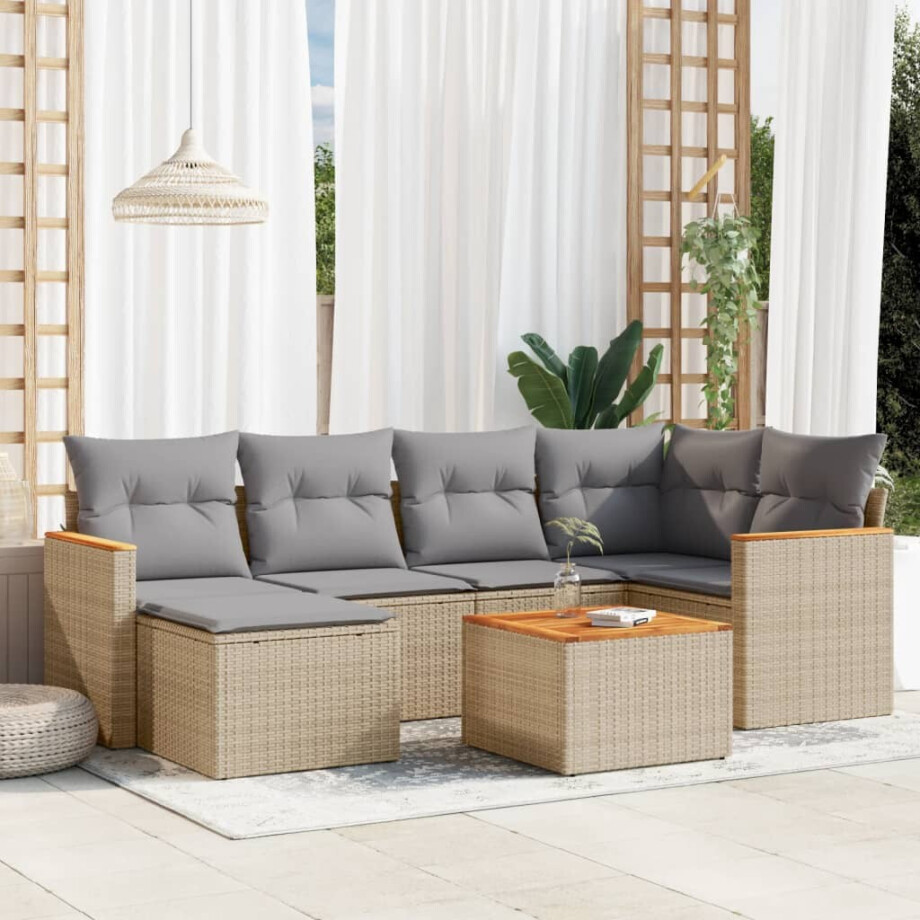 vidaXL 7-delige Loungeset met kussens poly rattan gemengd beige afbeelding 1