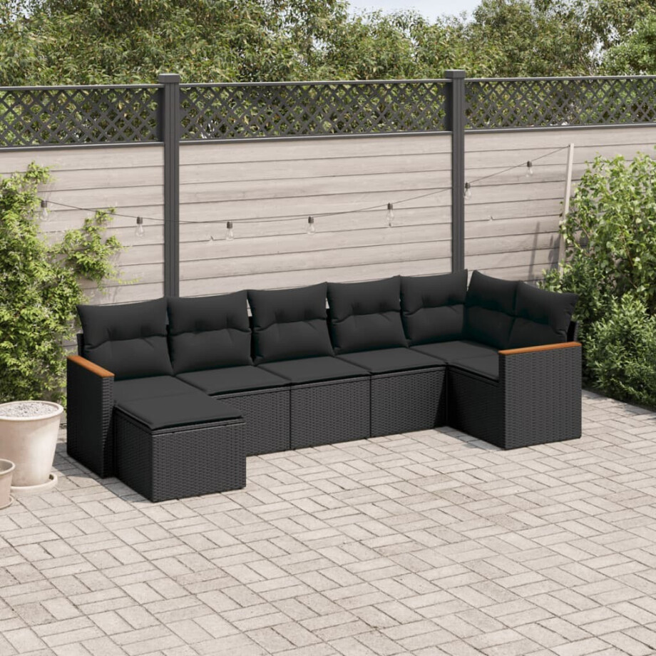 vidaXL 7-delige Loungeset met kussens poly rattan zwart afbeelding 1