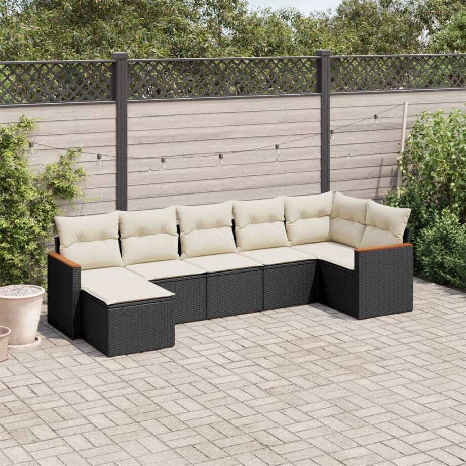 vidaXL 7-delige Loungeset met kussens poly rattan zwart afbeelding 1