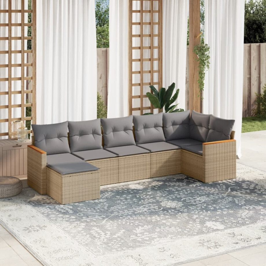 vidaXL 7-delige Loungeset met kussens poly rattan gemengd beige afbeelding 1