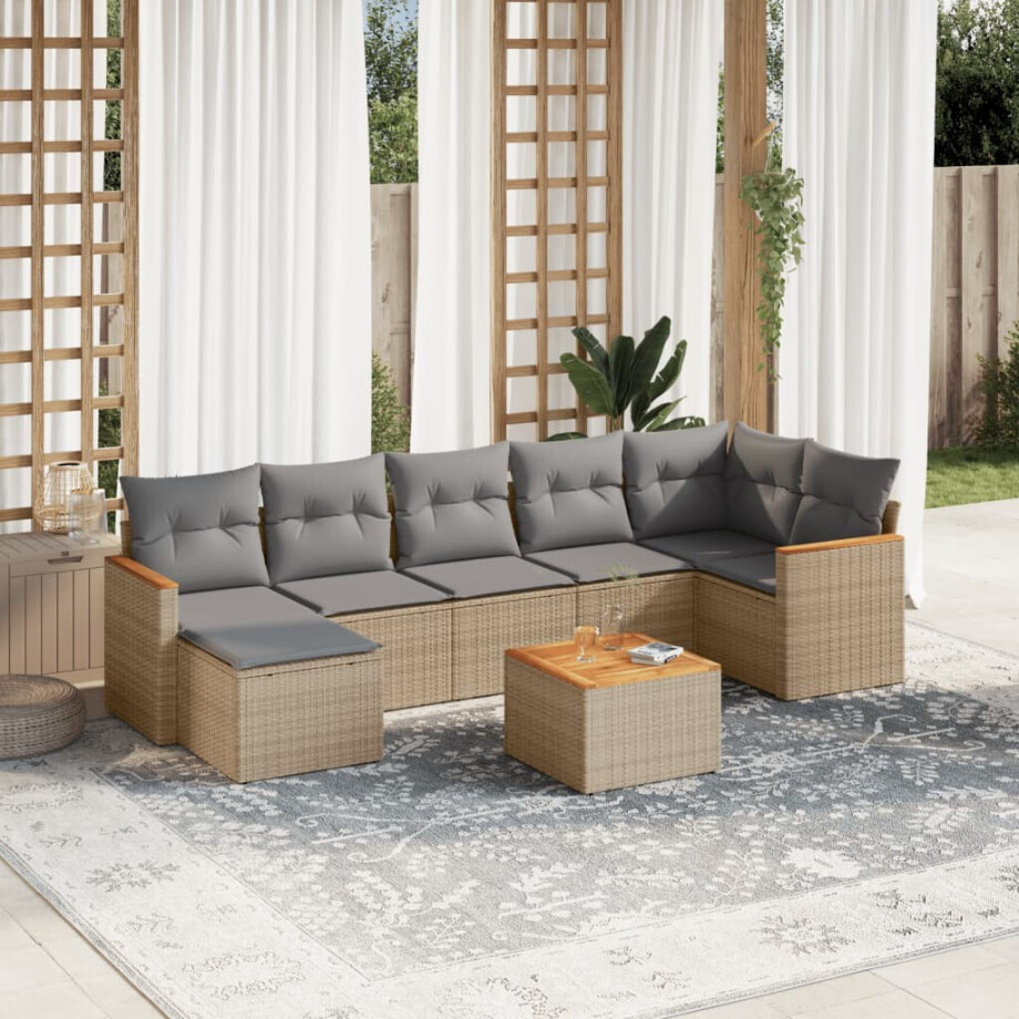 vidaXL 8-delige Loungeset met kussens poly rattan gemengd beige afbeelding 1