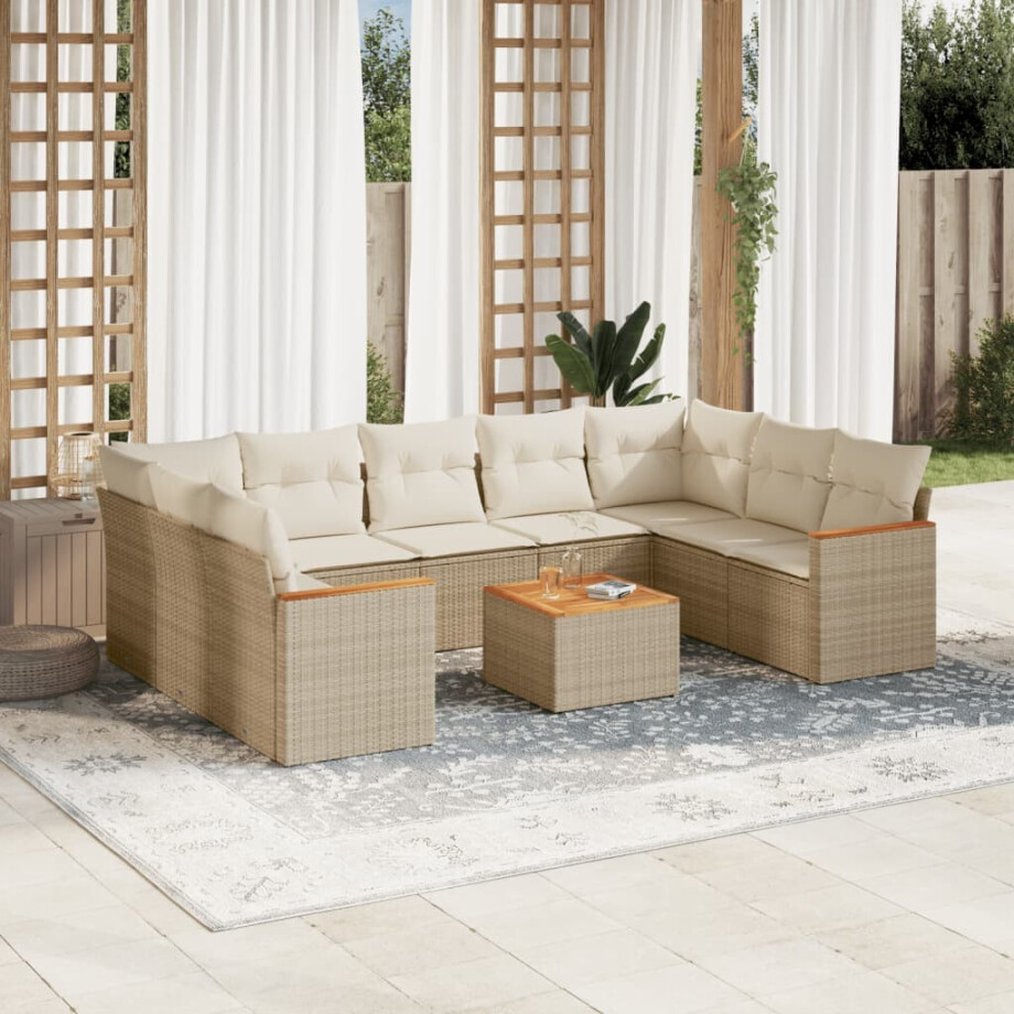 vidaXL 10-delige Loungeset met kussens poly rattan beige afbeelding 1