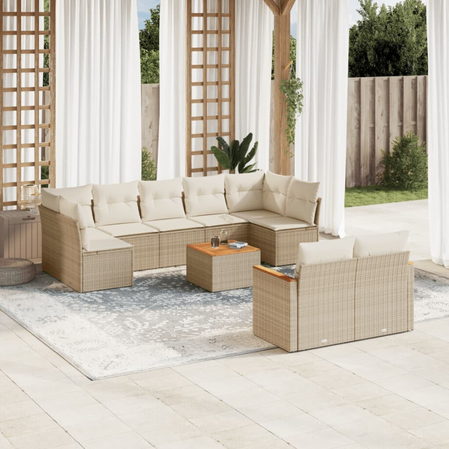 vidaXL 10-delige Loungeset met kussens poly rattan beige afbeelding 1