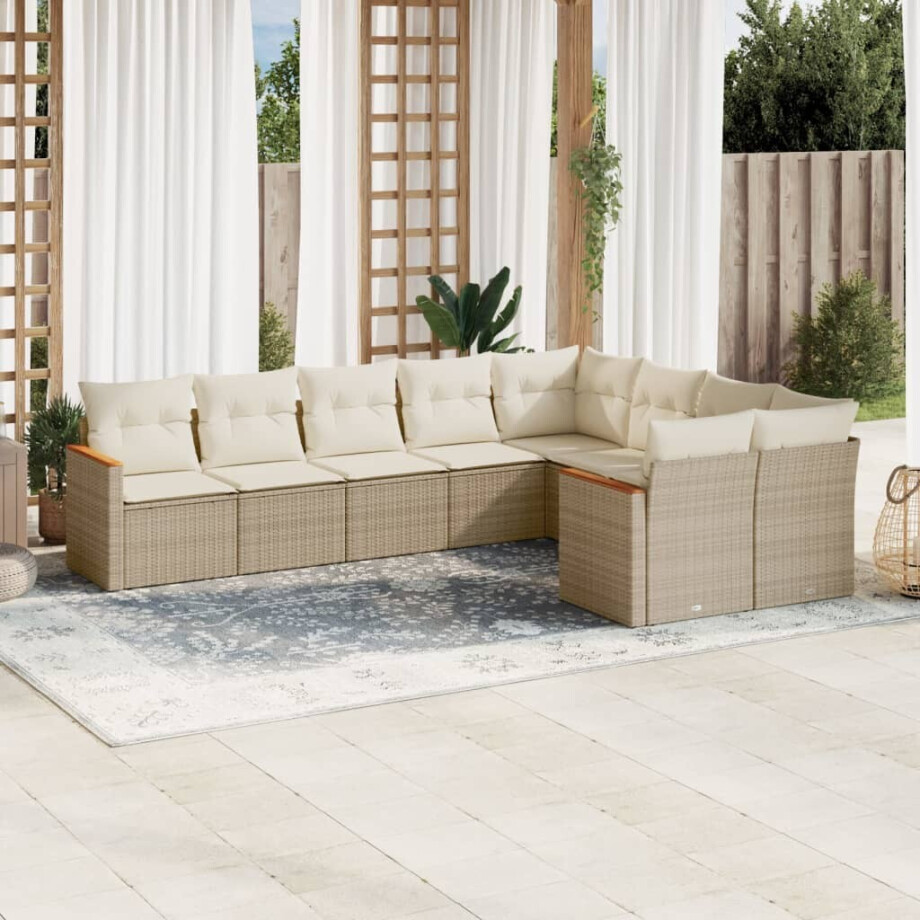 vidaXL 9-delige Loungeset met kussens poly rattan beige vidaXL 9-delige Loungeset met kussens poly rattan beige afbeelding 1