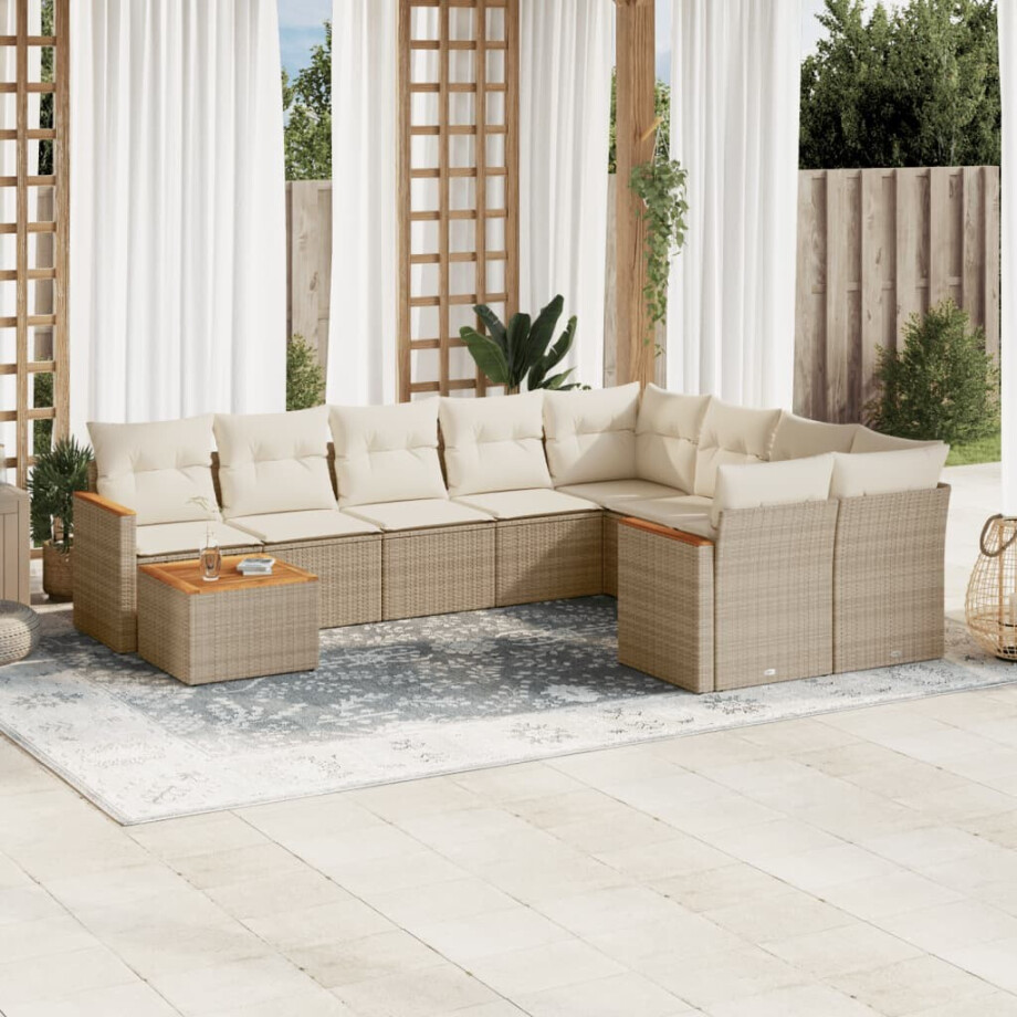 vidaXL 10-delige Loungeset met kussens poly rattan beige afbeelding 1