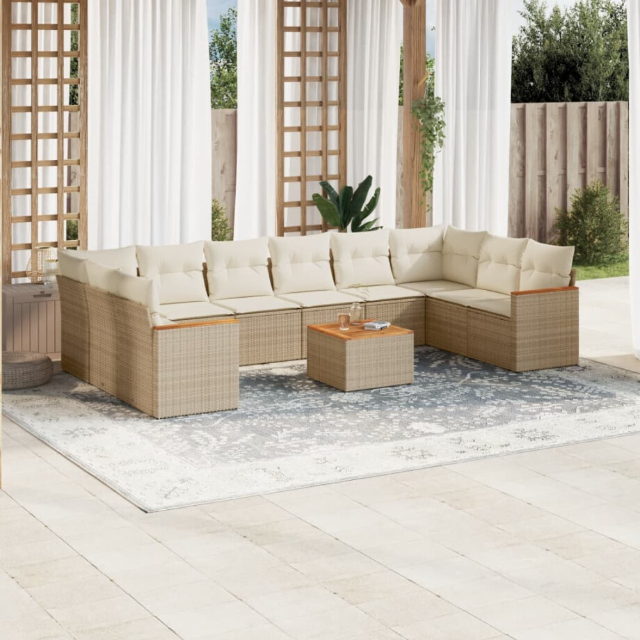 vidaXL 11-delige Tuinset met kussens poly rattan beige afbeelding 1