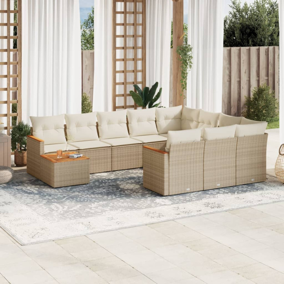 vidaXL 11-delige Tuinset met kussens poly rattan beige afbeelding 1