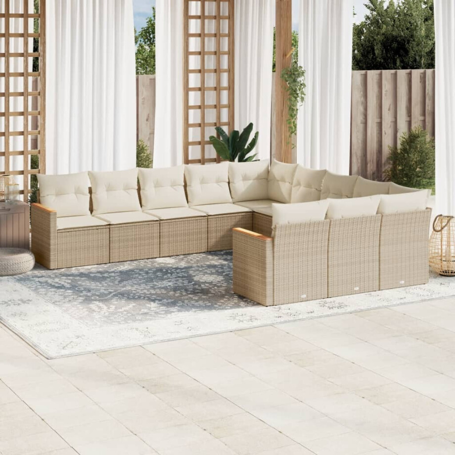 vidaXL 11-delige Tuinset met kussens poly rattan beige afbeelding 1