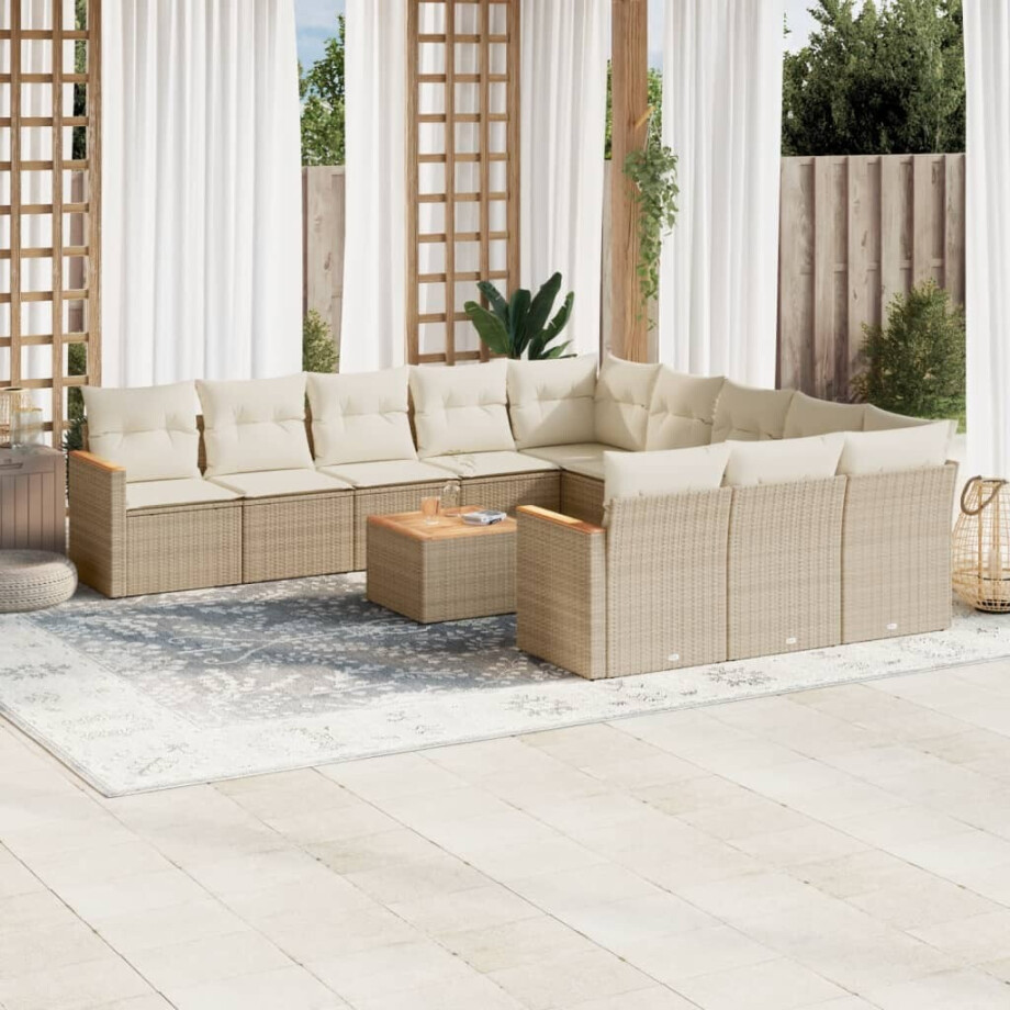 vidaXL 12-delige Loungeset met kussens poly rattan beige afbeelding 1