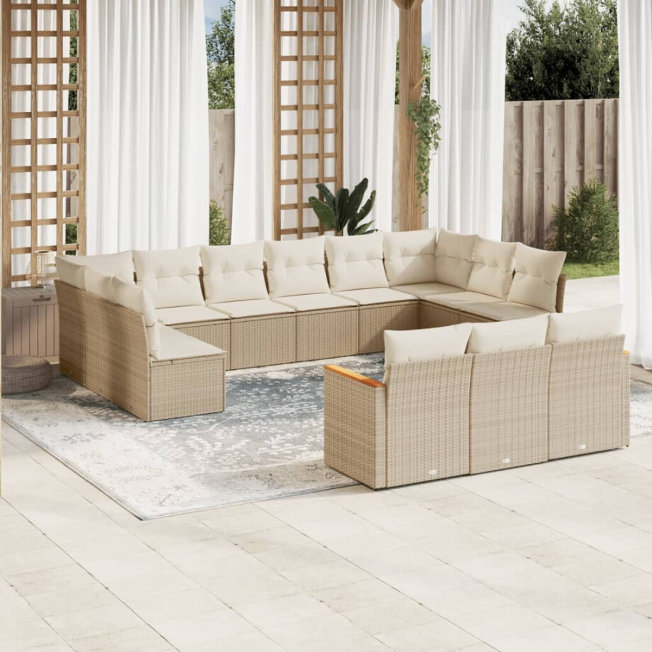 vidaXL 13-delige Loungeset met kussens poly rattan beige afbeelding 1
