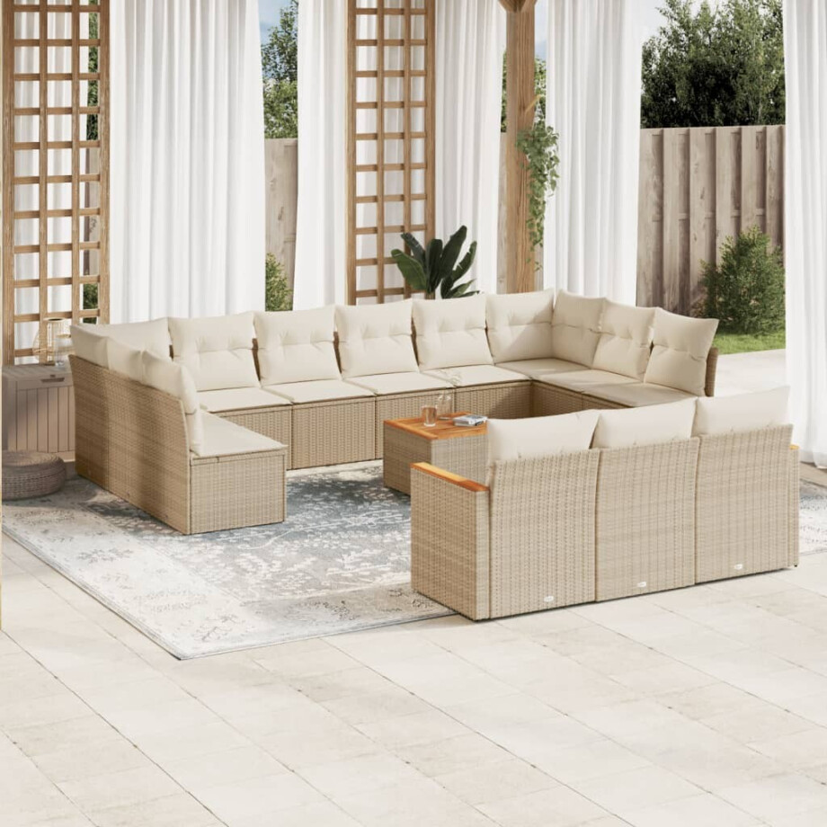 vidaXL 14-delige Loungeset met kussens poly rattan beige vidaXL 14-delige Loungeset met kussens poly rattan beige afbeelding 1