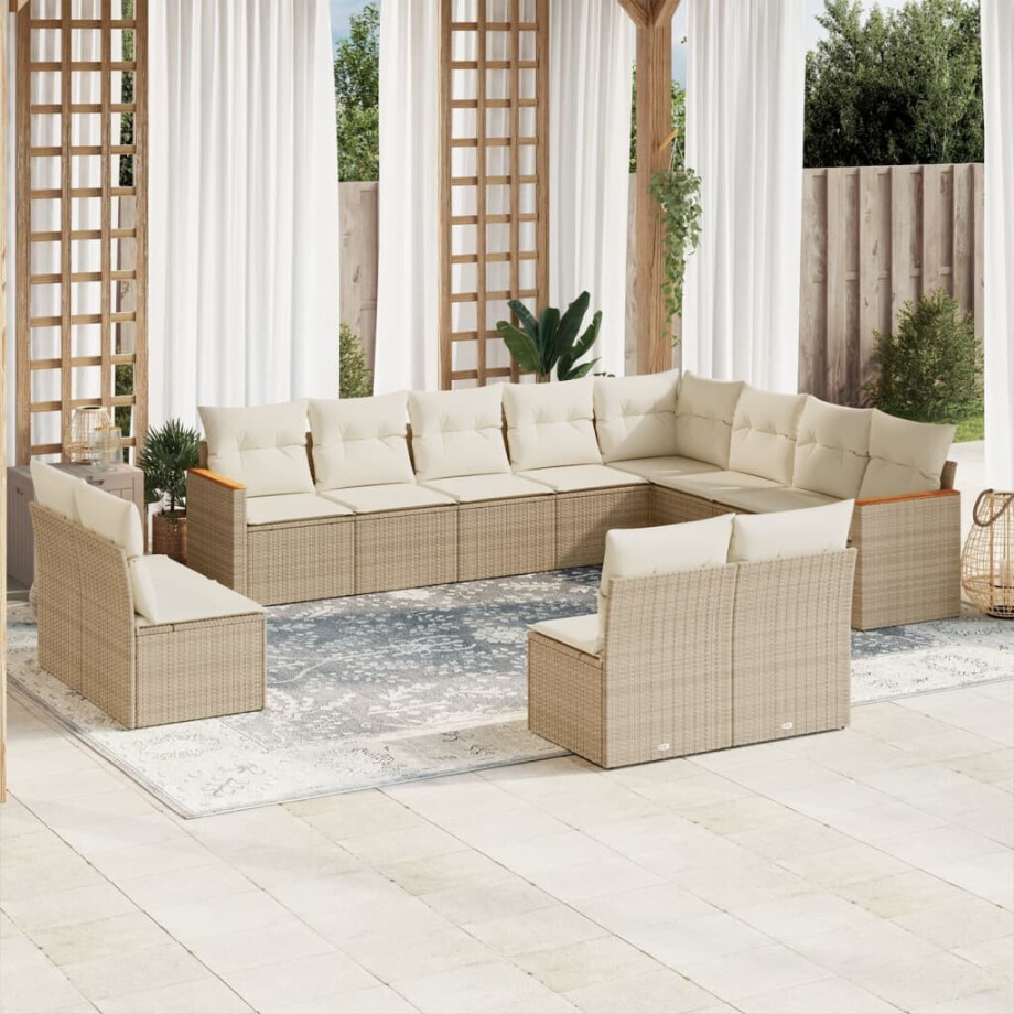 vidaXL 12-delige Loungeset met kussens poly rattan beige afbeelding 1