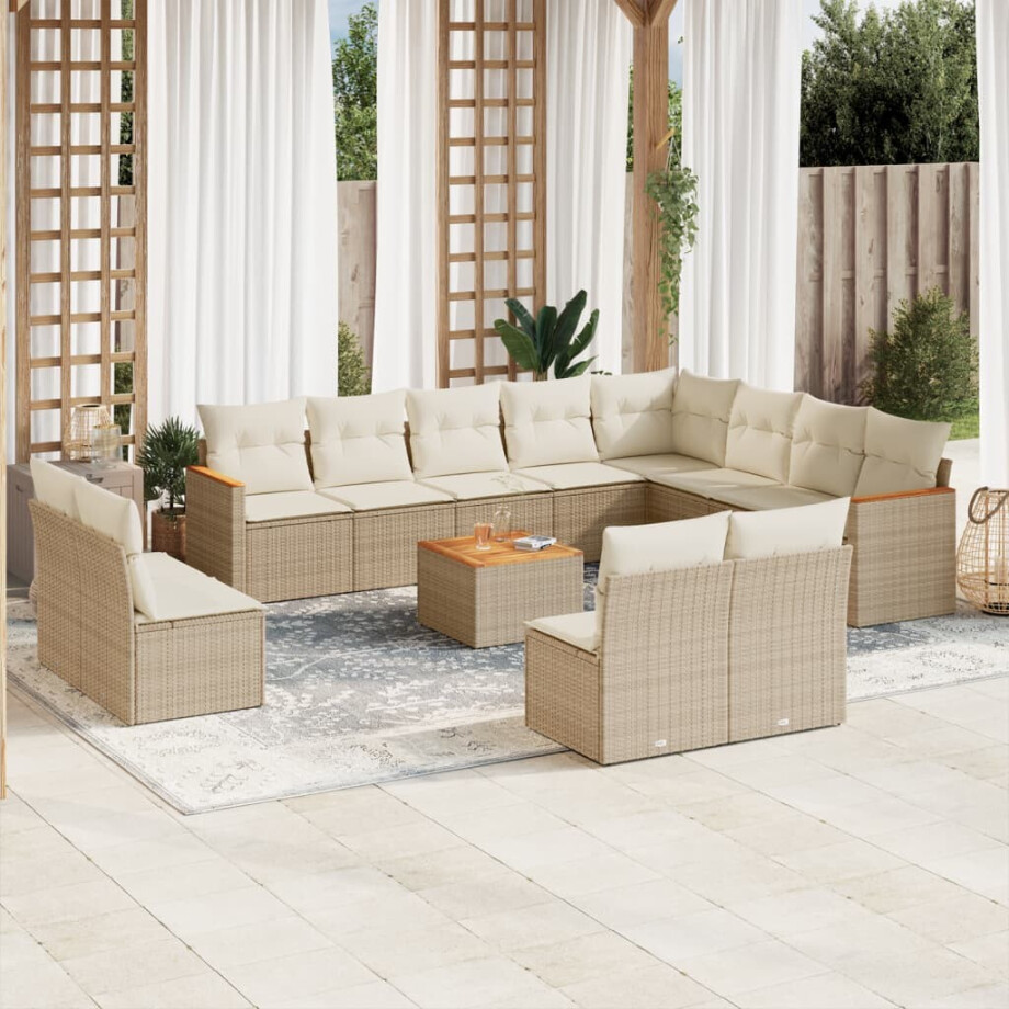 vidaXL 13-delige Loungeset met kussens poly rattan beige afbeelding 1