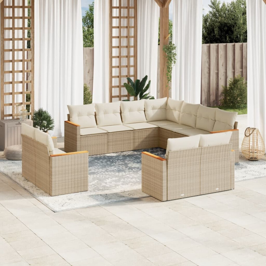 vidaXL 11-delige Tuinset met kussens poly rattan beige afbeelding 1
