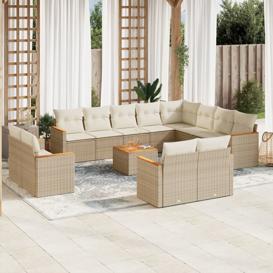 vidaXL 13-delige Loungeset met kussens poly rattan beige afbeelding 1