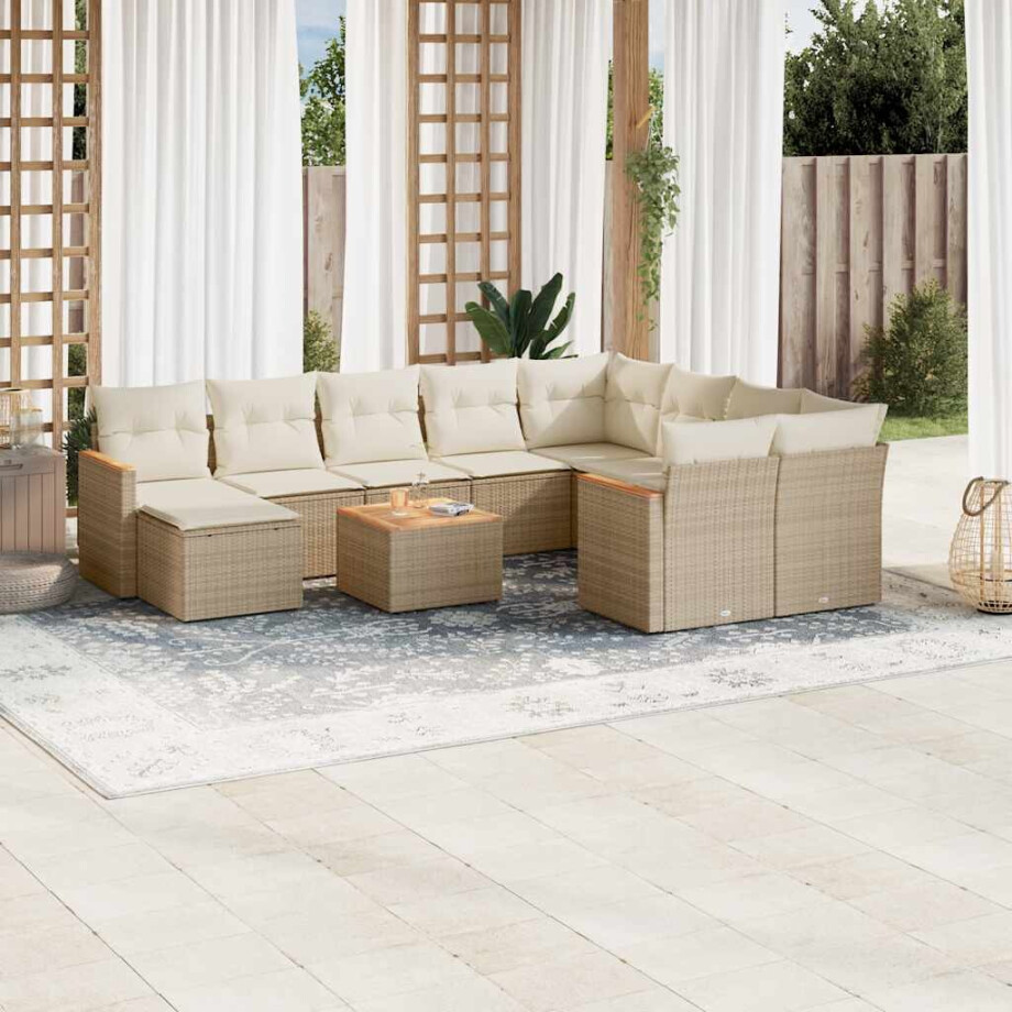 vidaXL 11-delige Tuinset met kussens poly rattan beige afbeelding 1