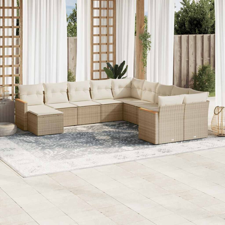 vidaXL 11-delige Tuinset met kussens poly rattan beige afbeelding 1