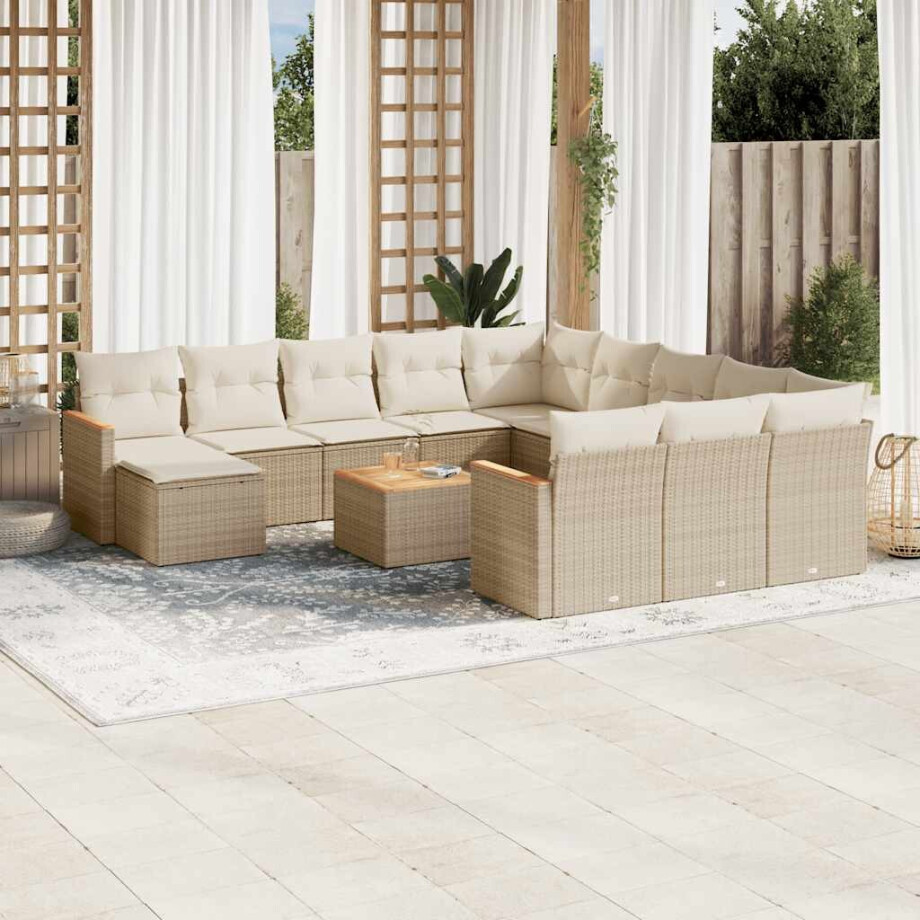 vidaXL 13-delige Loungeset met kussens poly rattan beige afbeelding 1